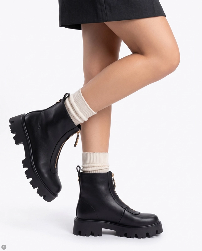 Guess Stylish Women's Platform Ankle Boots With Golden Front Zipper Black FLFRR2-ELE10-BLK