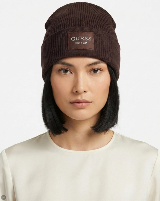 Guess Czapka Zimowa Damska Brązowa Z Dżetami AW5631VIS01-BROWN