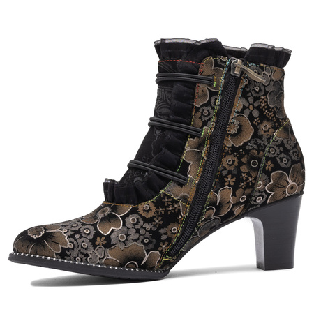 Laura Vita Heeled Ankle Boots Boho Floral With Zipper Black ELCODIEO-224-CAFE
