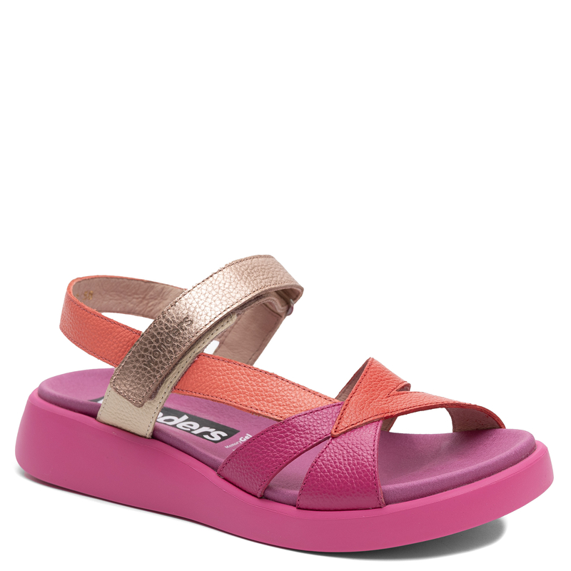 Wonders Skórzane Komfortowe Sandały na Platformie Czerwono-Różowe C-6552-FUCSIA