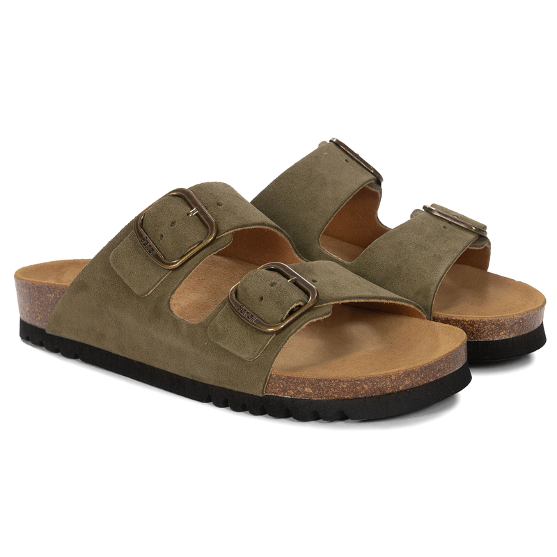 Scholl Leather Slides Two Buckles Women’s Sandals Anatomic Footbed Olive F32165-1147
