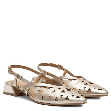 Gioseppo Skórzane Ażurowe Czółenka Slingback na Niskim Obcasie Złoty 79209-PLATINUM