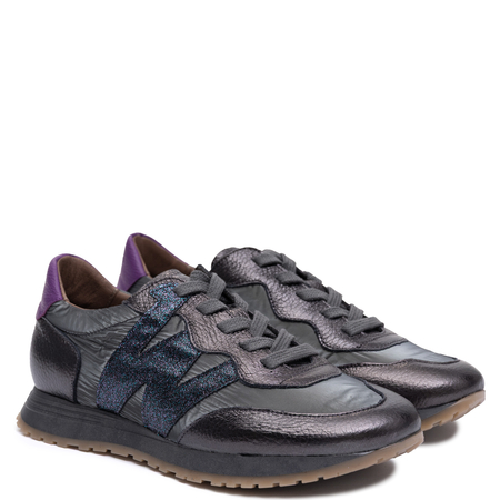 Wonders Skórzane Sznurowane Sneakersy Z Brokatowym Logo Szaro Srebrne A-4810