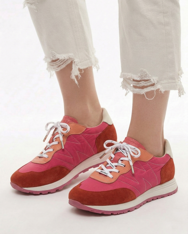 Wonders Women’s Sneakers Leather-Textile Running-Inspired Color-Blocked Red-Pink-Beige A-4802-FLAME-FRES