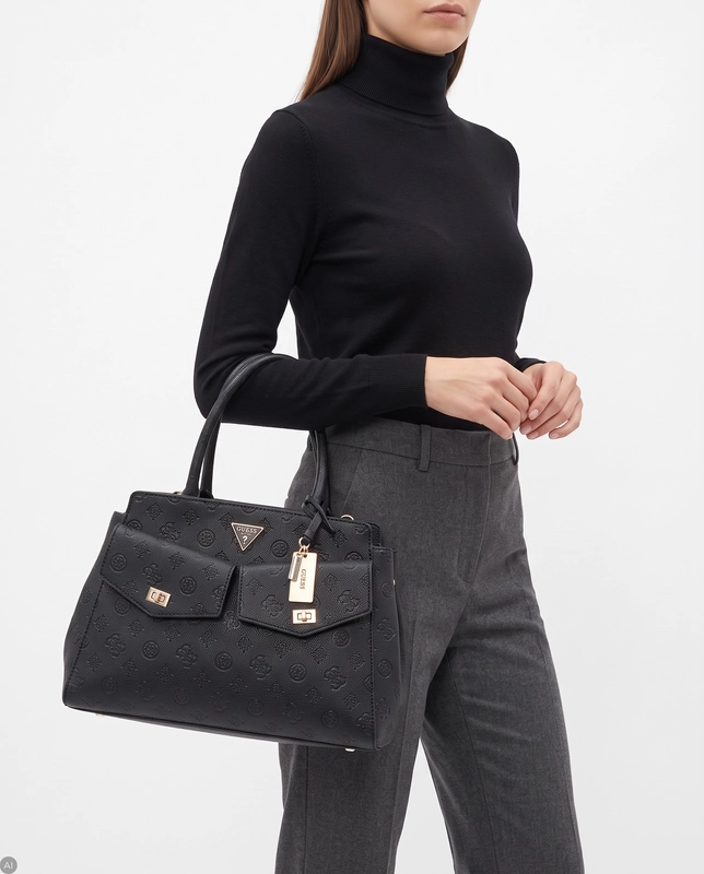 Guess Torebka Damska Duża Klasyczna Do Ręki I Na Ramię Wytłaczana Czarna HWPD2222070-BLACK