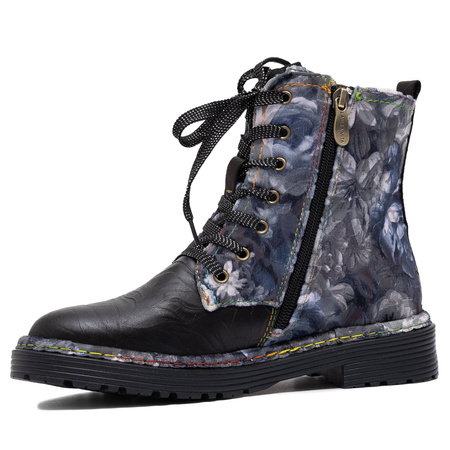 Laura Vita Skórzane Trzewiki Damskie Kwiatowy Wzór z Zamkiem i Sznurowaniem Wielokolorowe INCASO-024-CHAR