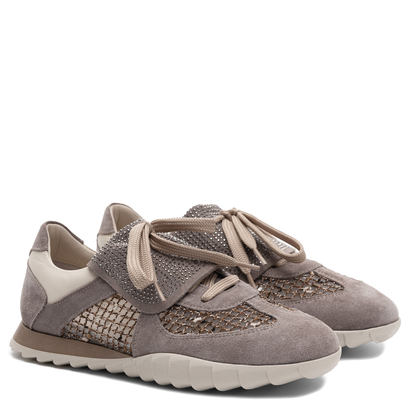 Boccato Leather Openwork Sneakers With Rhinestones Beige 072-5015-375-FA