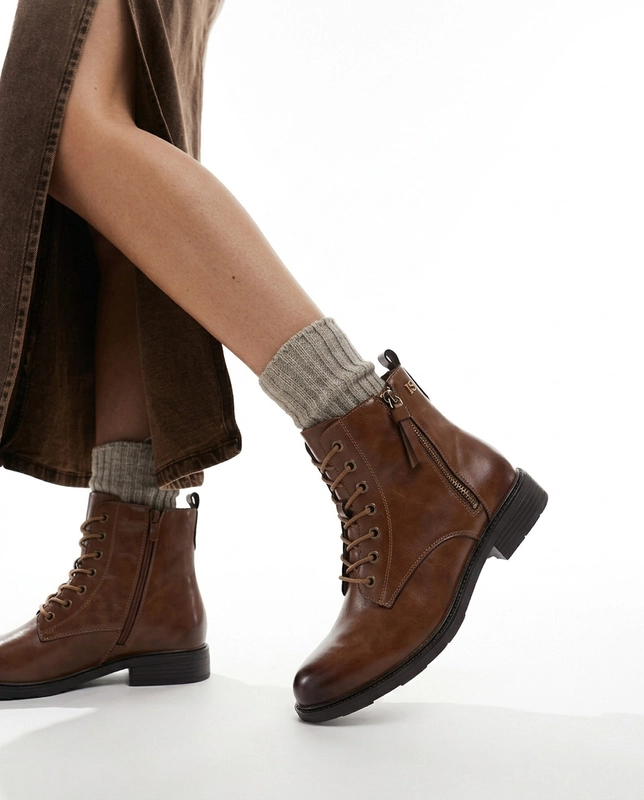Sokolski Women's Leather Insulated Lace-Up Ankle Boots Brown HX-Z26-258