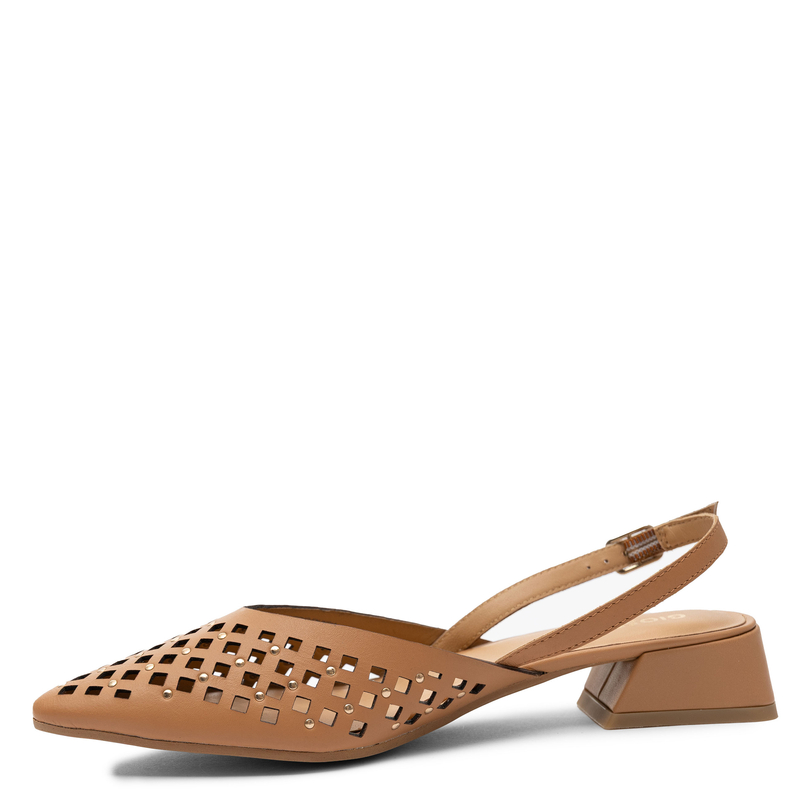 Gioseppo Leather Perforated Slingback Court Shoes Low Heel Tan 79015-LAGOS-TAN