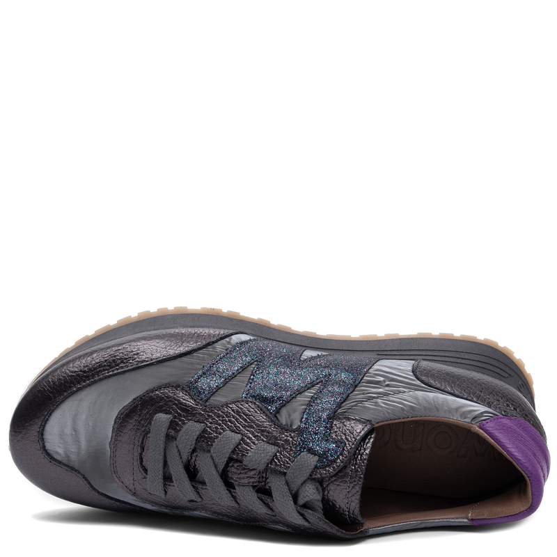 Wonders Skórzane Sznurowane Sneakersy Z Brokatowym Logo Szaro Srebrne A-4810