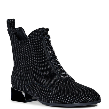 S.Barski Sparkle Leather Ankle Boots Block Heel Black MR52-156-BK