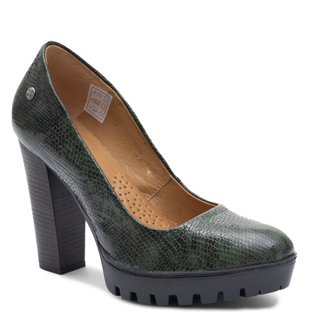 Maciejka Leather Pumps Snake Texture Block Heel Green 2629W-08/00-1