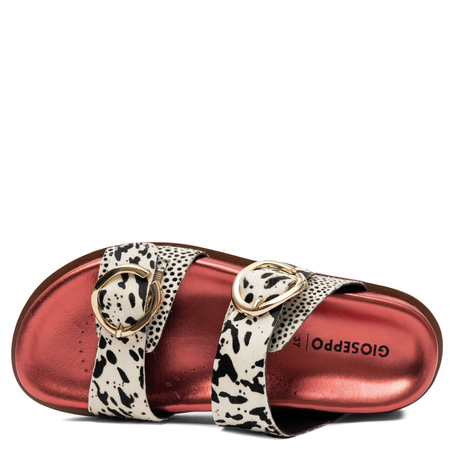 Gioseppo Leather Double-Buckle Platform Slides 3 cm White-Black With Metallic Red Footbed 78025-CARNEY-RED