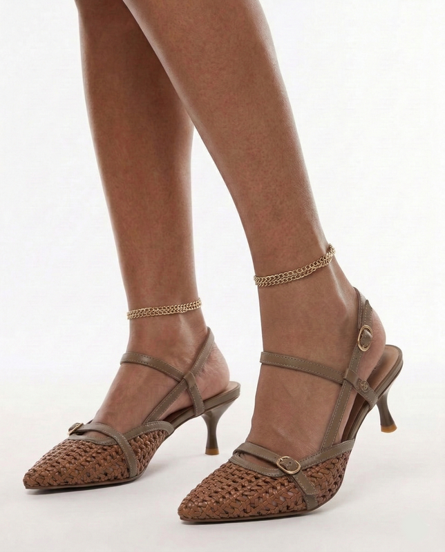 Maciejka Leather Woven Slingback Pumps Pointed Toe Brown K7446-29/00-1