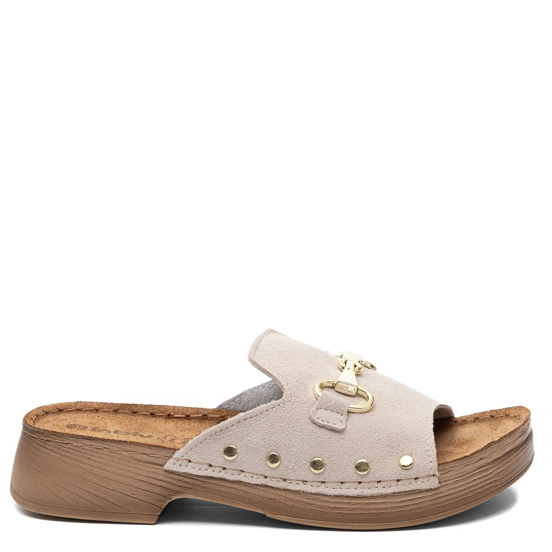 Inblu Leather Slides With Gold Buckle Studded Beige TF0002KU-ICE