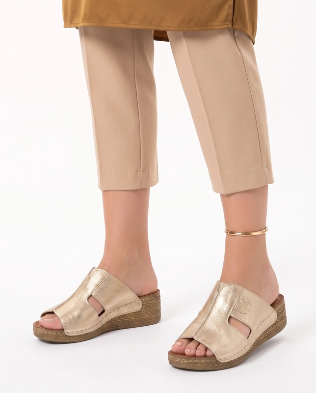 Maciejka Leather Asymmetric Wedge Mules Gold L7068-25/00-1