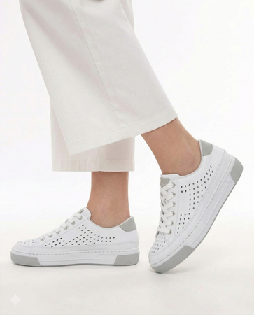 Rieker Skórzane Ażurowe Sneakersy Sznurowane Białe L8849-80