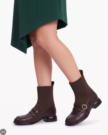 Maciejka Leather Slip-On Sock Ankle Boots With Decorative Buckle Brown K7766-02/00-7