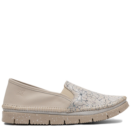 Maciejka Skórzane Wygodne Półbuty Slip-On z Kwiatowym Wzorem Beżowe 03512-69/00-0