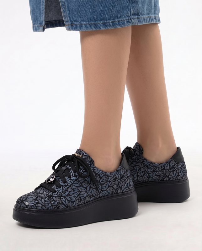Maciejka Skórzane Sneakersy na Platformie w Kwiaty Czarne 6191W-11/00-8