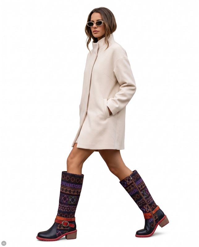 Maciejka Unique Boho Pattern Leather Knee-High Boots K7683-01/00-7