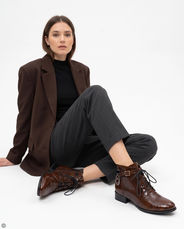 Maciejka Women's Brown Patent Croc-Embossed Leather Lace-Up Ankle Boots 5743A-46/00-7