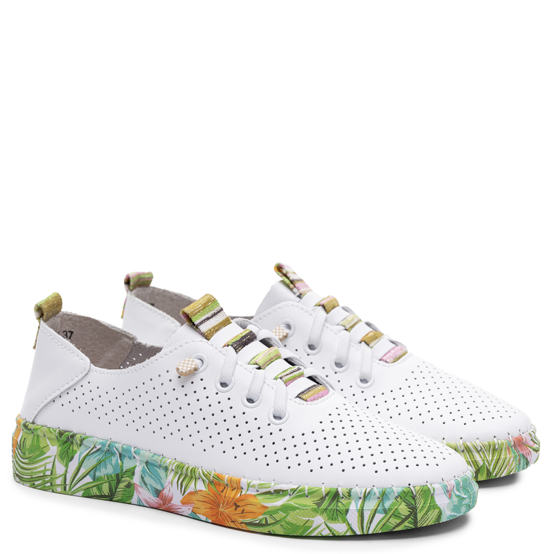 Artiker Leather Sneakers Perforated White Floral Sole 58C0441
