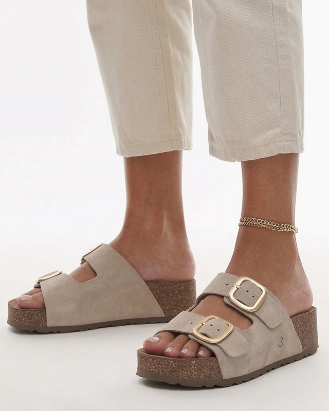 Yokono Wiwi Leather Platform Slides Buckles Beige WIWI-003-SER-CRUD