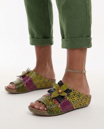 Maciejka Leather Slides Floral Appliqué Open Toe Yellow-Green-Pink K7408-07/00-1