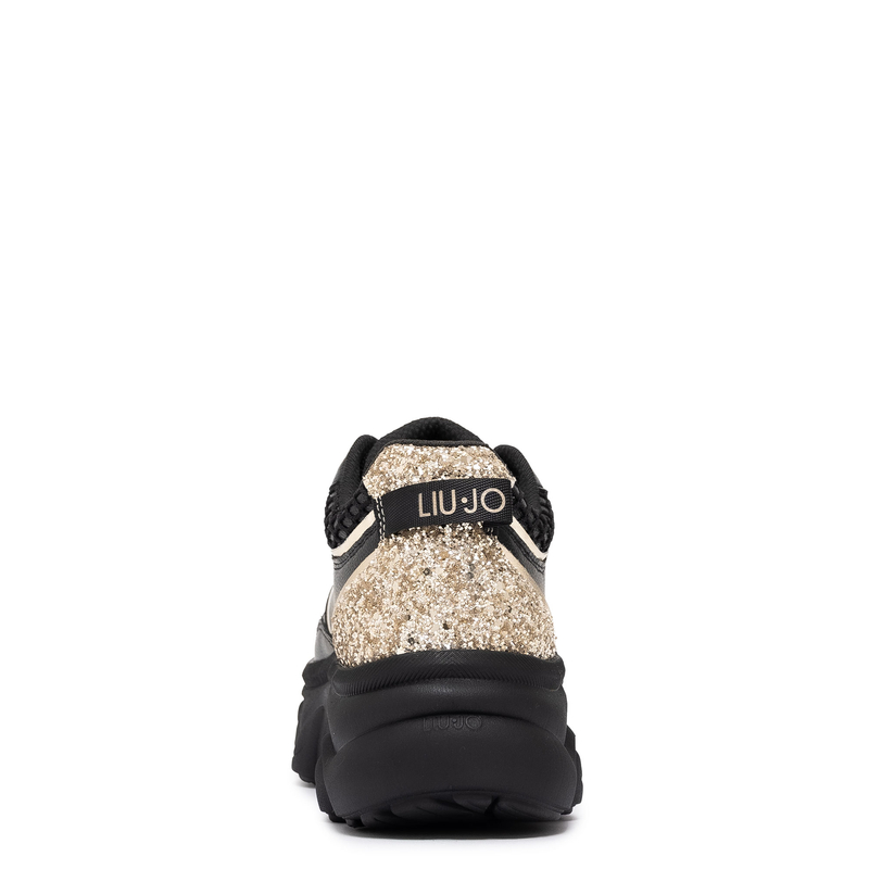 Liu Jo Sneakersy Damskie Na Platformie Półbuty Brokatowy Zapiętek Czarny BF5061-PX783-GOLD