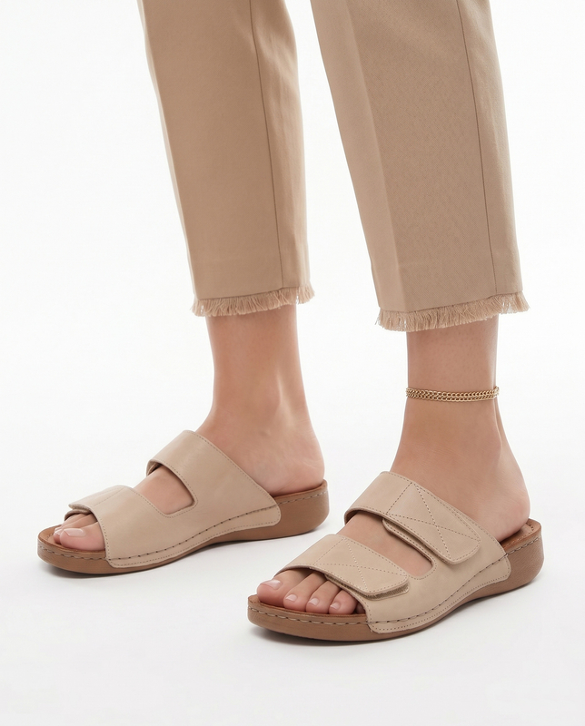 T.Sokolski Leather Velcro Slides Beige MET-350-3738