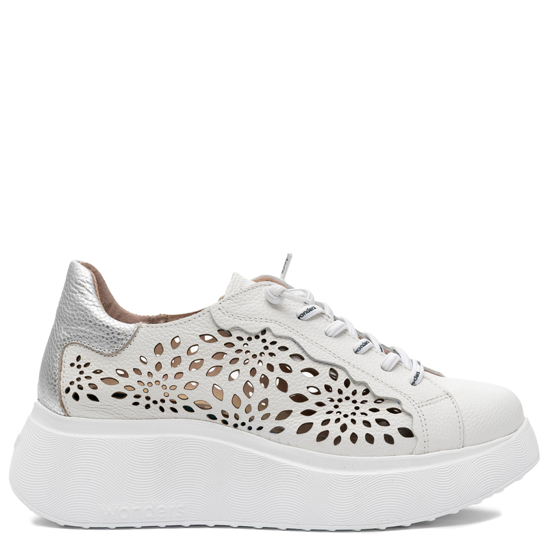 Wonders Leather Laser-Cut Platform Sneakers Women White-Silver A-3641-OFF-PLATA