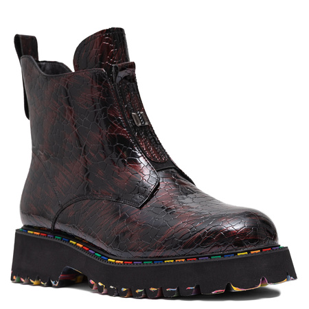 Artiker Leather Croc-Embossed Ankle Boots on Platform Black-Burgundy 57C0165