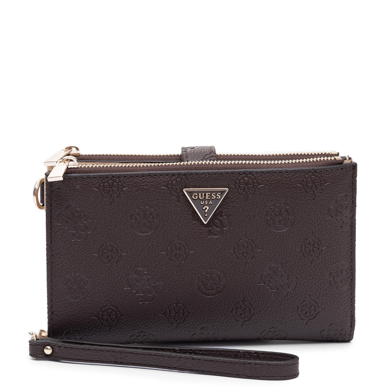Guess Elegancki Zapinany Na Zamek Portfel Damski Z Paskiem Brązowy SWPD2222157-BROWN