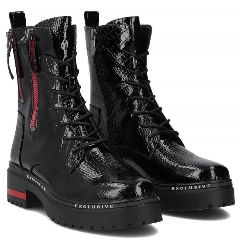 Filippo Patent Croco Boots With Red Zippers And Platform Black And Red DBT4058-26-BK-RD