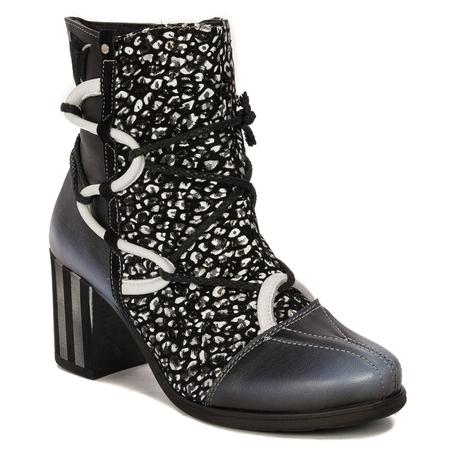Maciejka Avant-Garde Leather Ankle Boots Block Heel Black Blue 05605-01/00-7