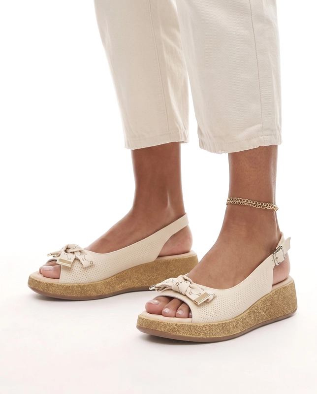 Filippo Leather Perforated Wedge Sandals With Bow Beige DS7582-26-BE