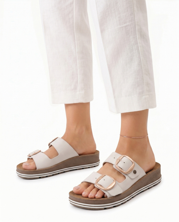 Maciejka Leather Women’s Slides With Adjustable Buckles On Platform Beige P7537-22/00-4