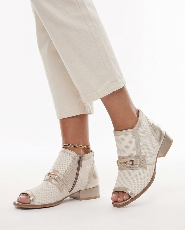 Maciejka Skórzane Botki Peep Toe Złote 06934-25/00-1