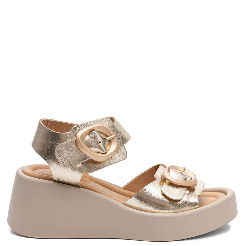 Artiker Leather Wedge Sandals With Large Buckles Metallic Gold 58C2200
