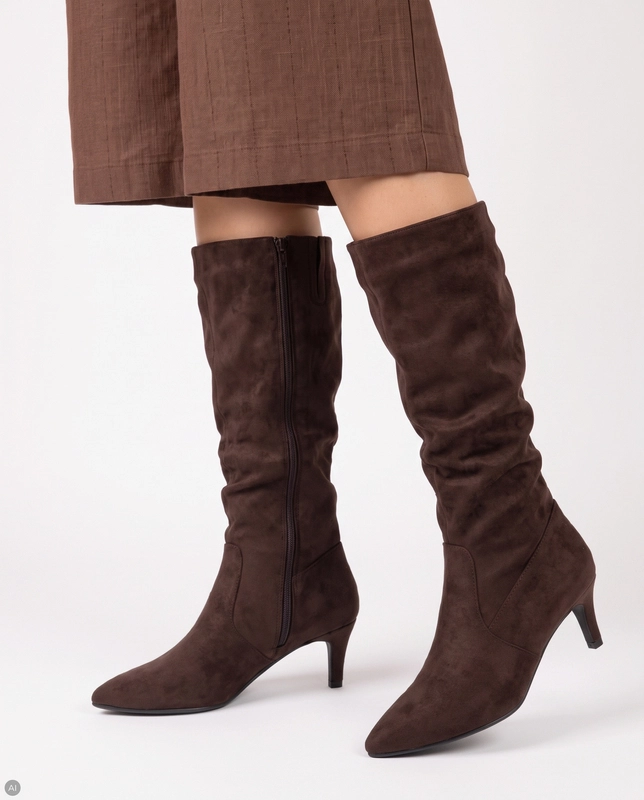 Sergio Leone Elegant Suede Pointed Toe Knee-High Stiletto Boots Brown KZ-28