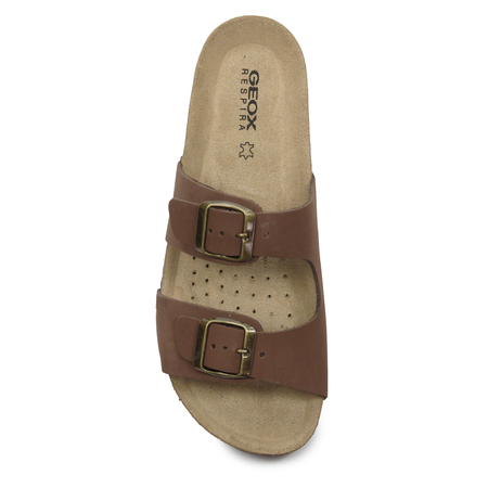 Geox Leather Adjustable Slides with Cork Footbed Brown D35LSL-C6009