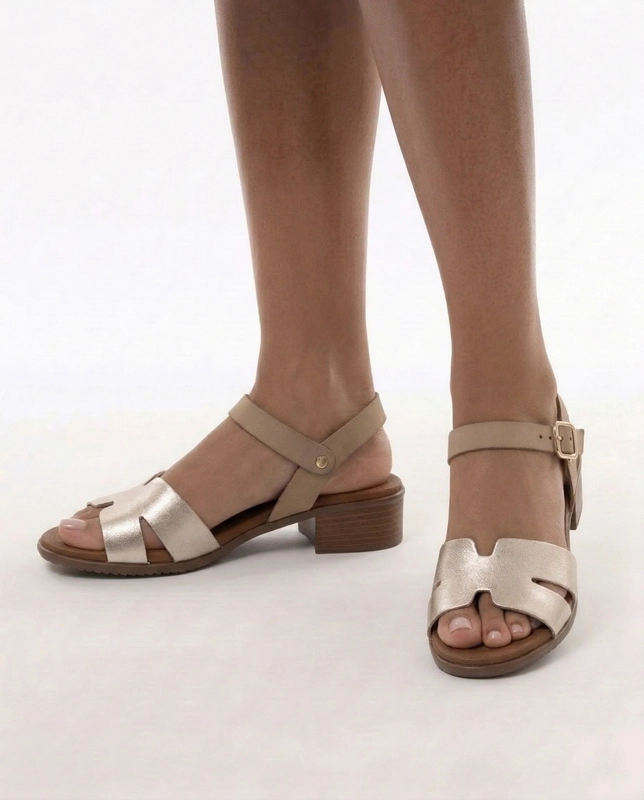 Maciejka Leather Low Block Heel Sandals Gold Beige E7393-25/00-1