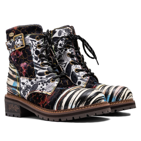 Laura Vita Skórne Botki Damskie Patchworkowe Sznurowane Wielokolorowe Noir KLEO-015-NOIR
