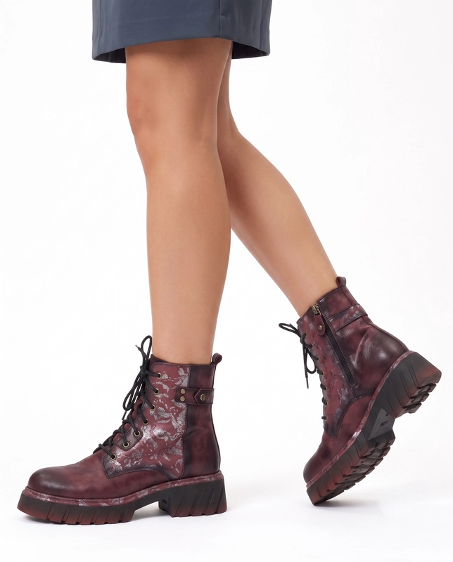 Maciejka Leather Women's Boots With Decorative Pattern Burgundy 07071-23/00-8