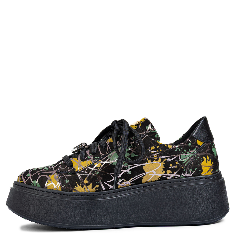 Maciejka Skórzane Na Platformie Czarne Sneakersy z Abstrakcyjnym Wzorem 6191W-07/00-8