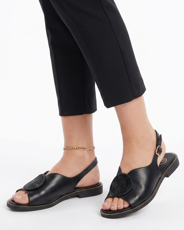 Filippo Women's Black Sandals With Decorative Ornament Flat DS6229-26-BK
