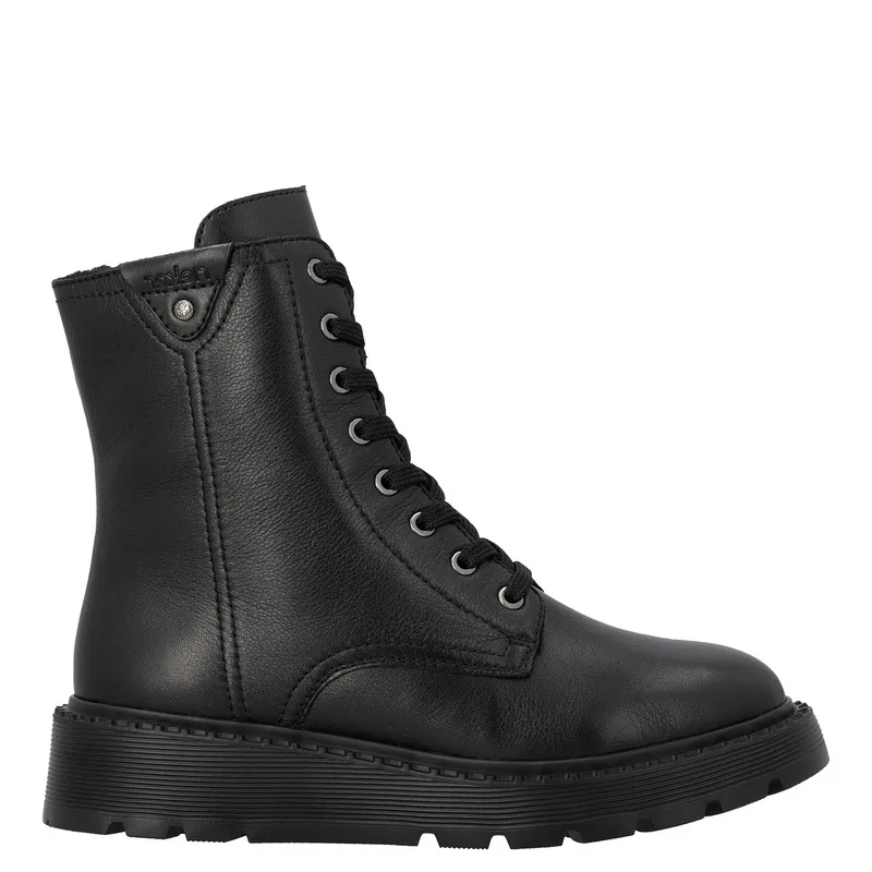 Rieker Leather Lace-Up Ankle Boots Platform Side-Zip Black 70408-00-BLACK