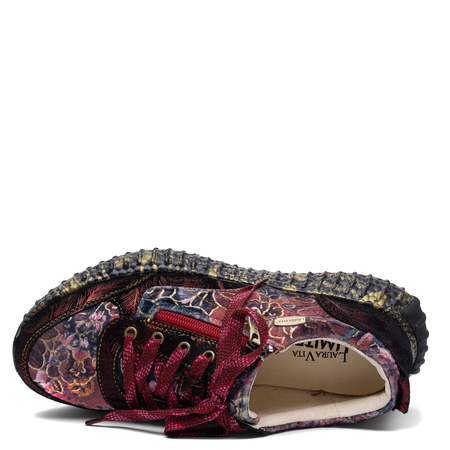 Laura Vita Kwiatowe Skórzane Sneakersy Sznurowane Wielokolorowe 0008116-BUR-WINE