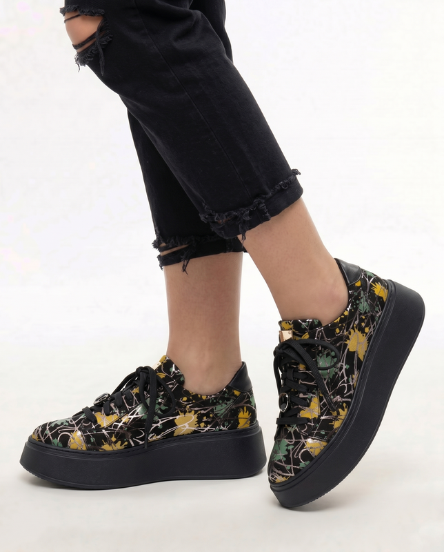 Maciejka Leather Platform Abstract-Print Black Sneakers 6191W-07/00-8